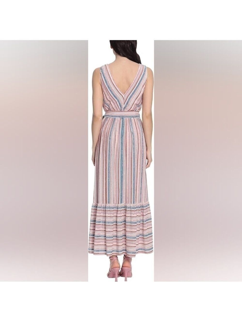 Sleeveless Striped Tiered Wrap Style Belted Velvet Maxi Dress w Pockets 8 - Picture 7 of 13